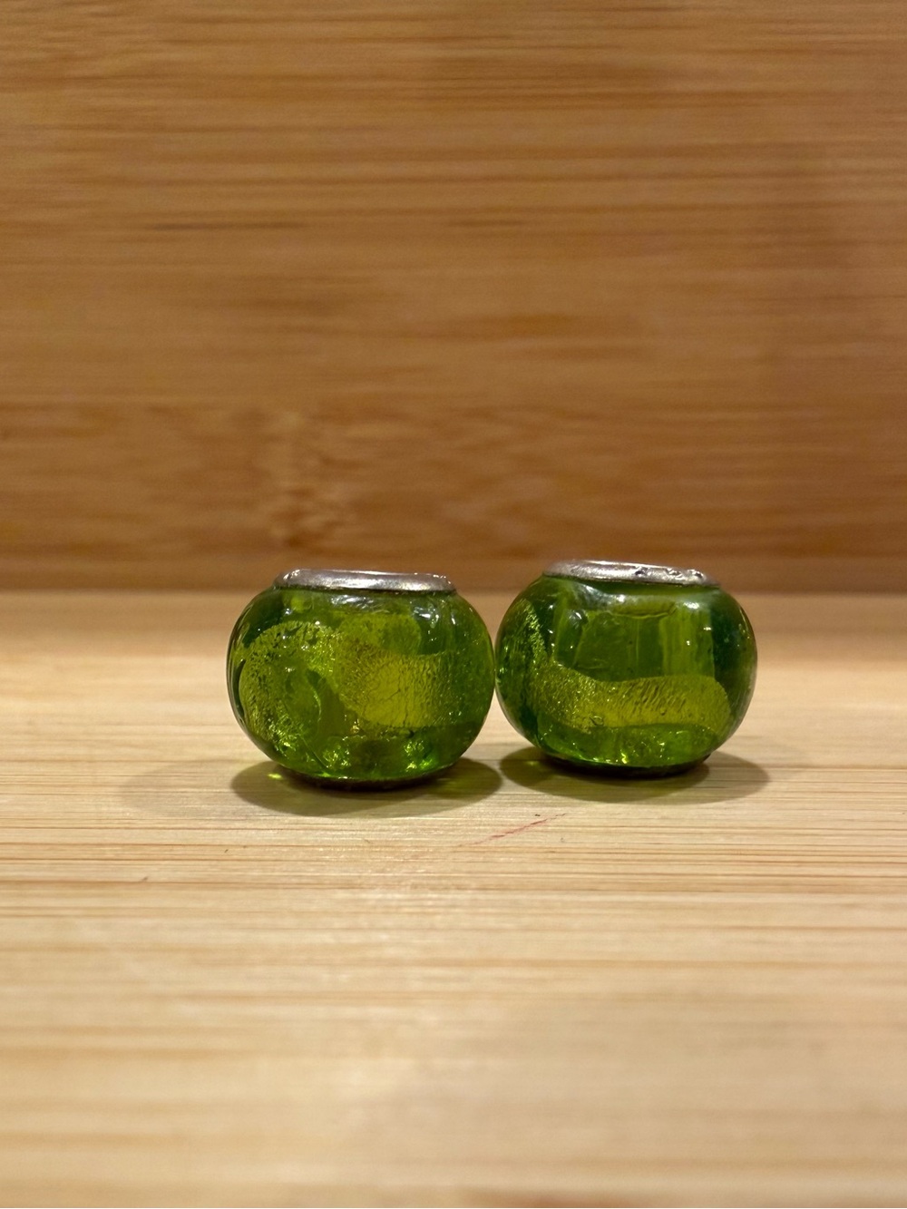 2 Green Glass Charm Beads 925 Sterling Silver Core Large Hole Bracelet Beads